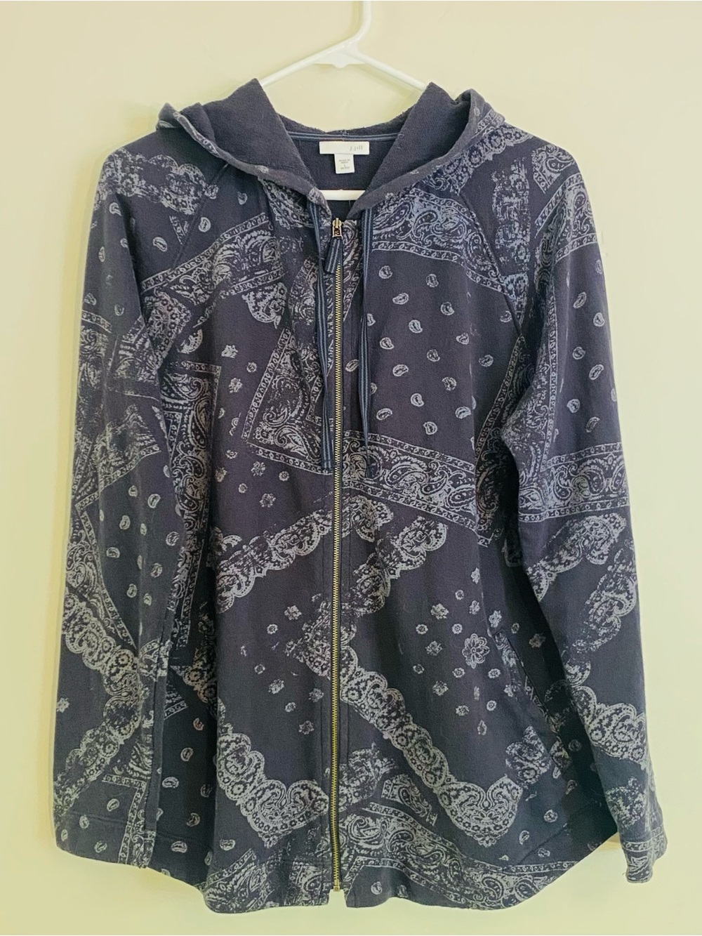 J. Jill Navy Distressed Bandana-Print Full Zip Hoodie